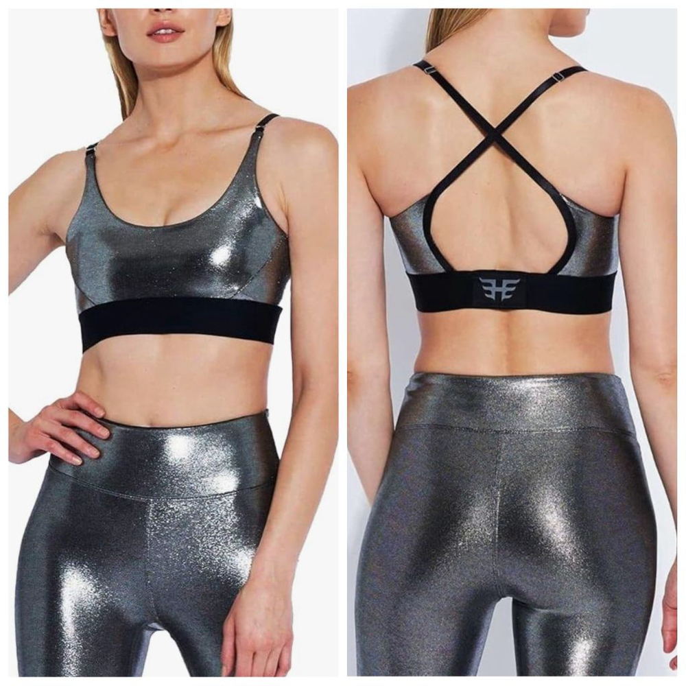 Heroine Sport Metallic Convertible Sports Bra Silver Black XL